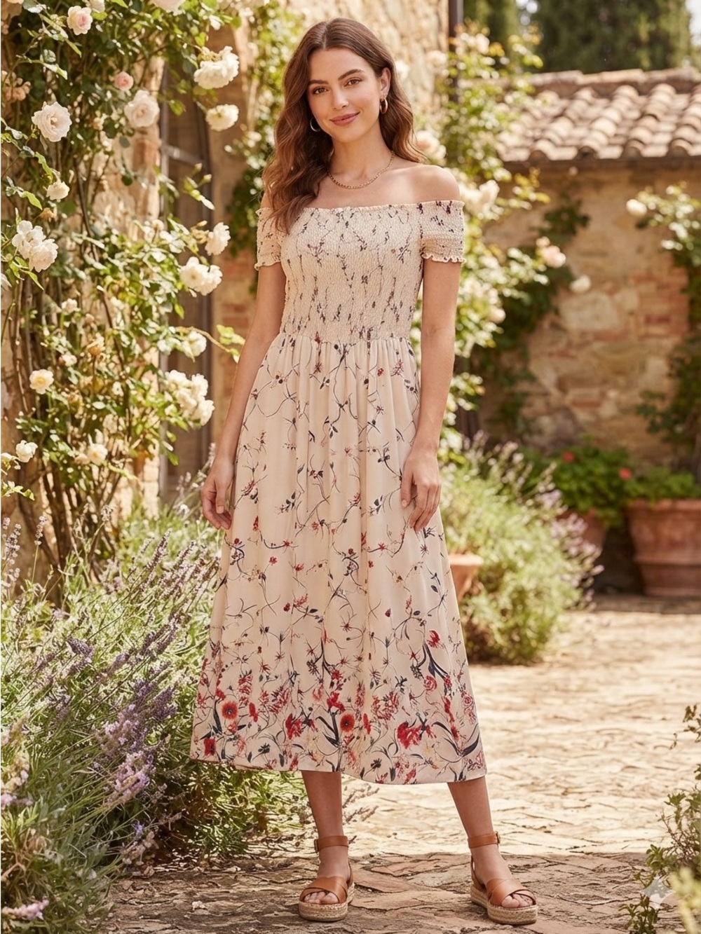Bleusalt Flowy Floral Midi Dress with Cap Sleeves. Boho Western Flare Size M